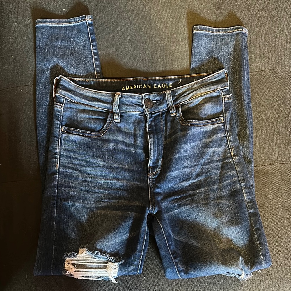 American Eagle Outfitters Blue Skinny Jeans with Distressed Details